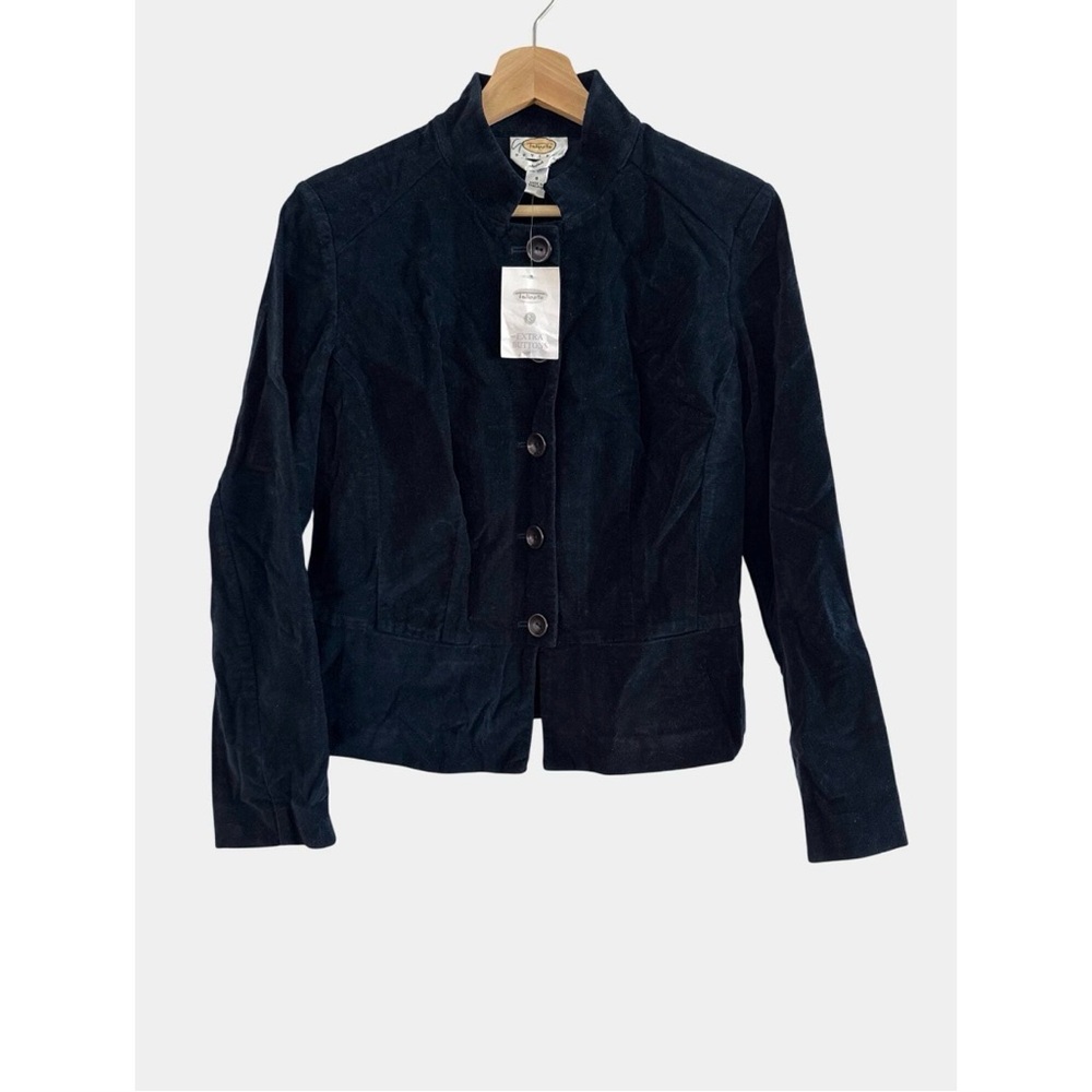 Dark Navy Stretch Velvet Military Blazer Jacket Size 10 Button Front - Picture 3 of 3